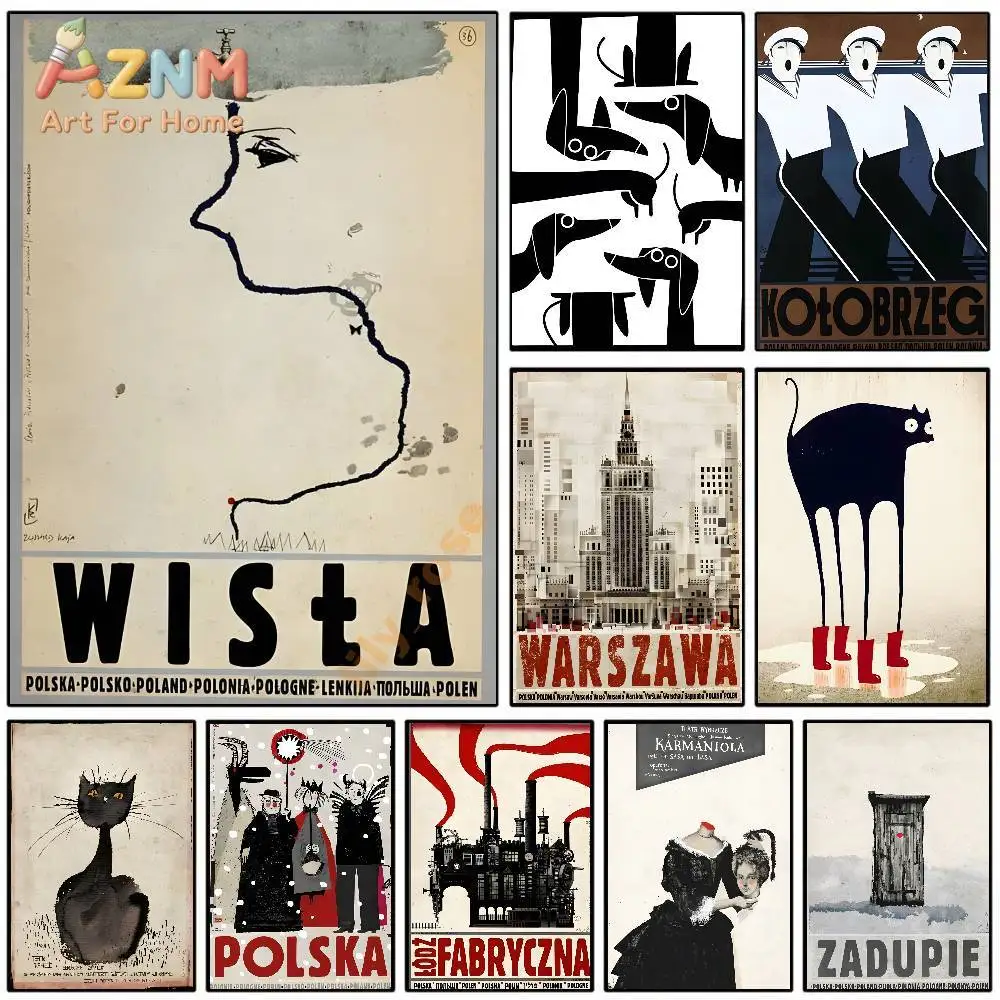 AZNM Retro Poland Travel Canvas Wall Art, Vintage Warsaw Wista Cat Poster Print, Abstract Mid‑Century Gallery Wall Home Decor, U