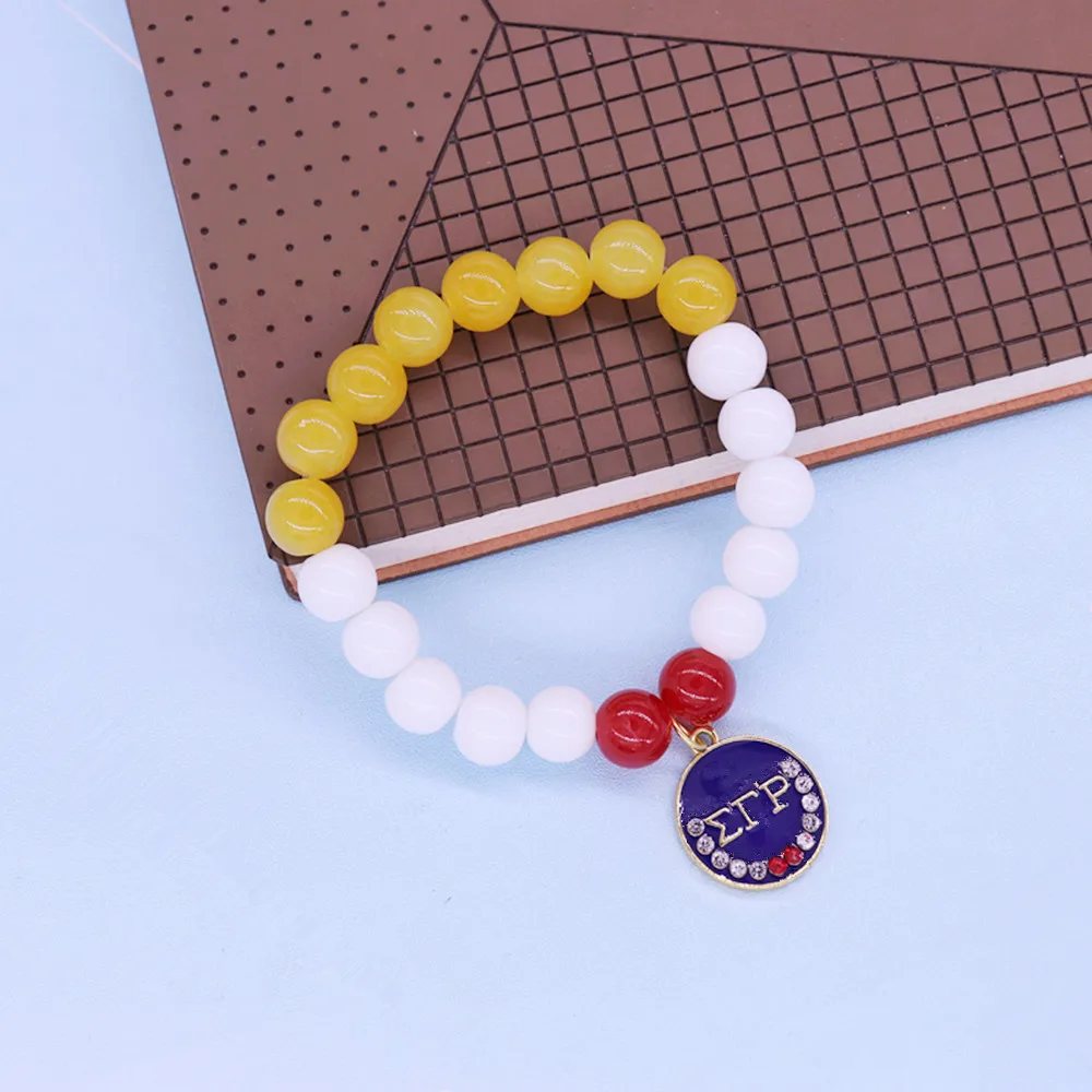 Drop Shipping Handmade Stretch Adjust Size Yellow White Beaded Dive Nine Greek Social Blue Sigma Gamma Rho Torch Bracelets