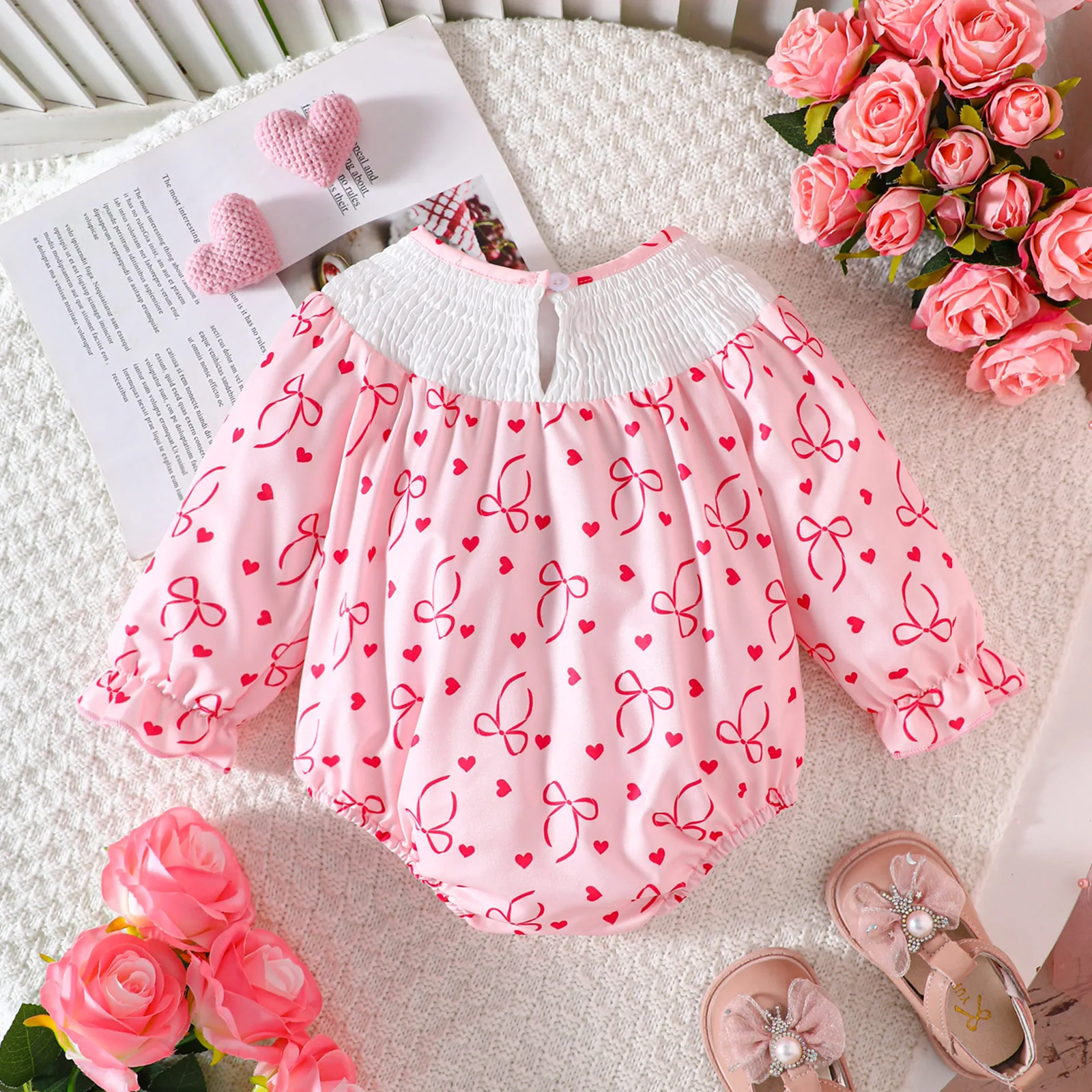 Newborn Baby Girl Cute Romper Heart/Bow Embroidery Bubble Long Sleeves Round Neck Newborn Jumpsuit for Toddlers Infants Clothes