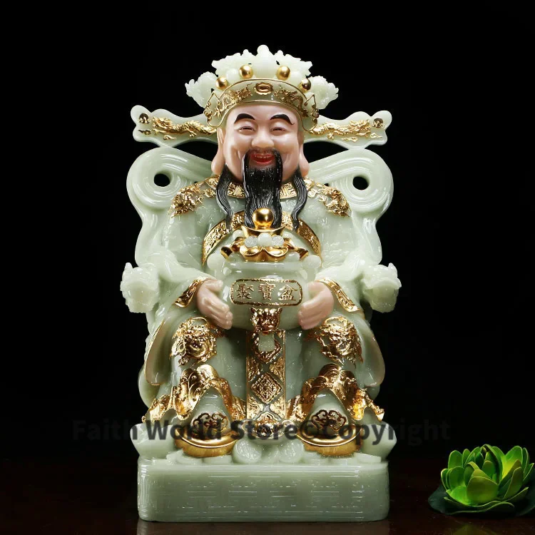 40cm large # High-grade home company SHOP efficacious Mascot Mammon God of wealth Natural jade gilding carving Sculpture statue