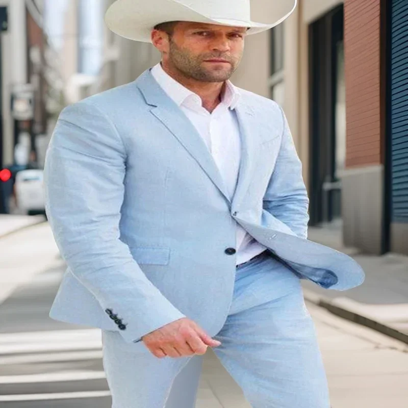 

Linen Men Suits For Summer Sky Blue Slim Fit Wedding Tuxedo Prom Party Groom Casual Fashion Suit Jacket With Pants