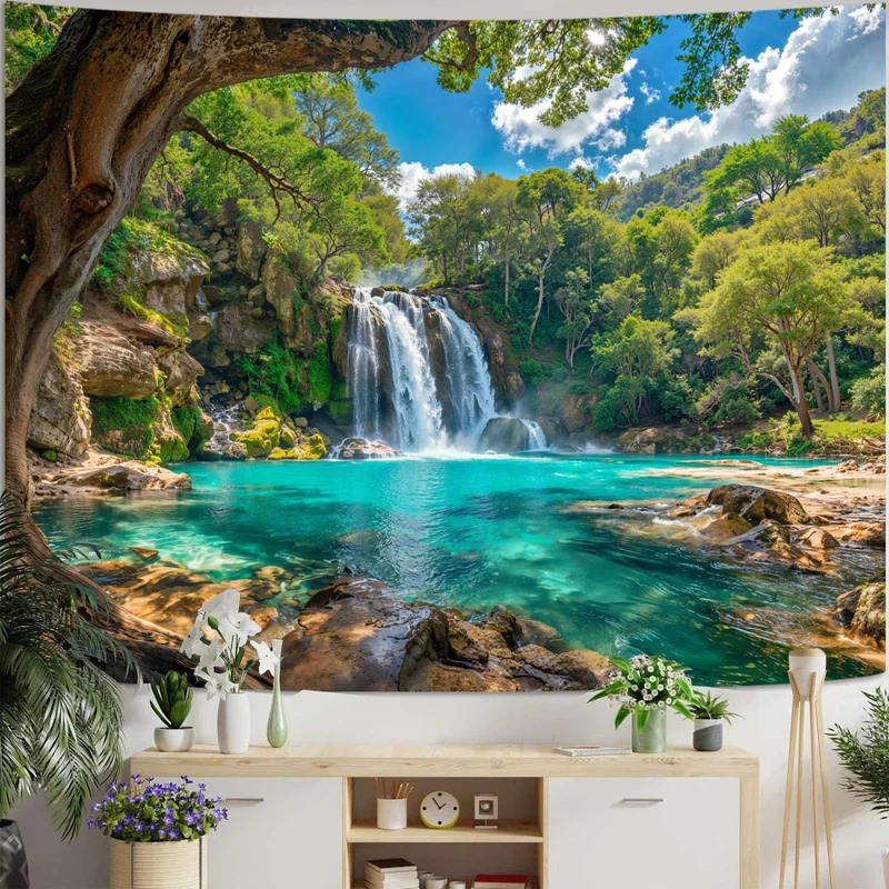 VIKAMA Tropical Waterfall Turquoise Pool Rainforest Tapestry Nature Landscape Wall Hanging Bedroom Living Room Backdrop Decor