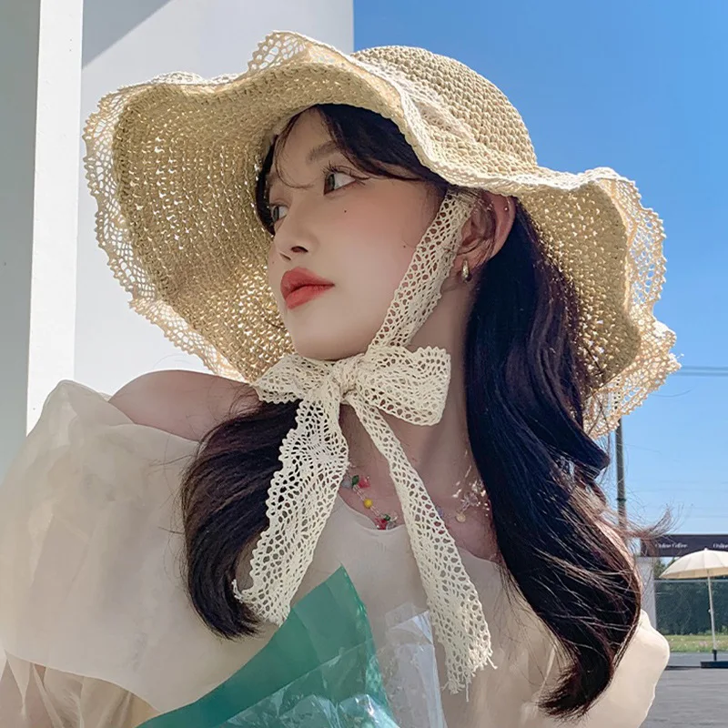 여행용 자외선 차단 빨대 모자, 레이스업 할로우 잔디 니트 모자, 여름 해변 해변 태양 모자, 레이스 엣지 태양 모자, 신제품