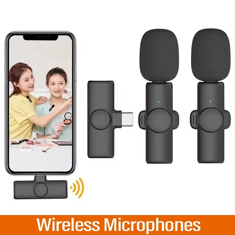 Micrófono de solapa inalámbrico doble profesional para iPhone Android, celular, PC, con clip de botón