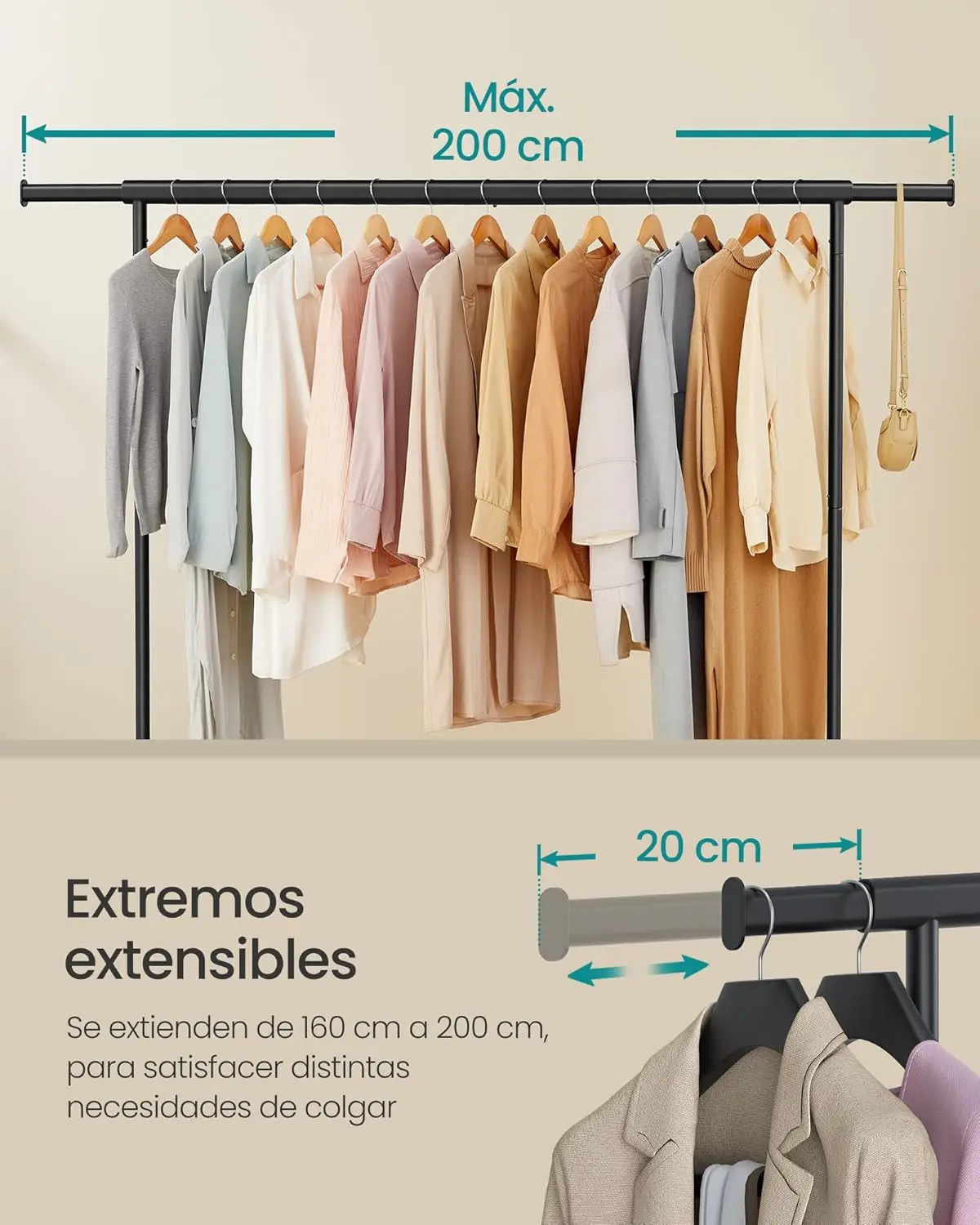 Burro Ropa con Ruedas, Perchero Burro Extensible con Carga Pesada, Capacidad de Carga de 110 kg,Plata/Negro Mate