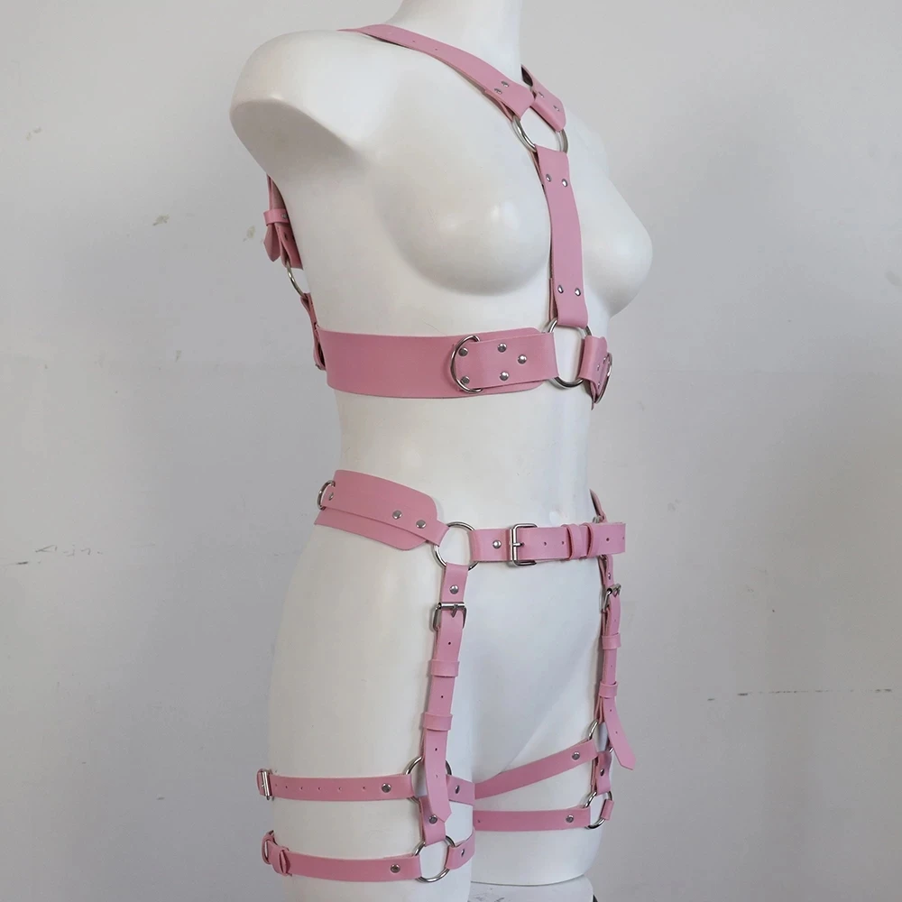 Sexy Leather Full Body Harness Garter Belt Pink Sets Erotic Lingerie Women Body Bondage Stockings BDSM Sword Belt Gothic Clothes