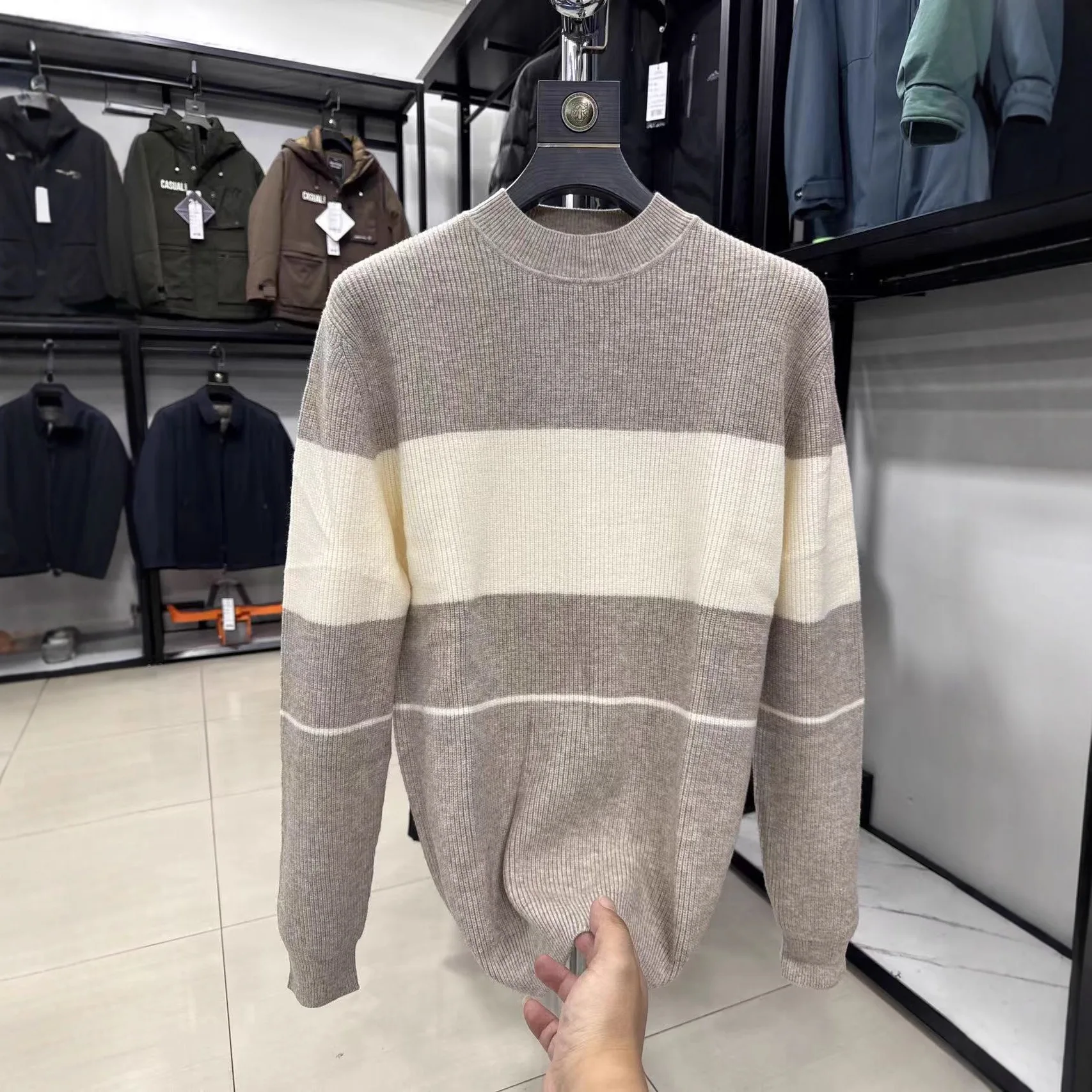 

Haijia Thiened Knitted Sweater Soft Close-Fitting Autumn Winter f High Collar Striped Men's Long Sve Casual Warmth