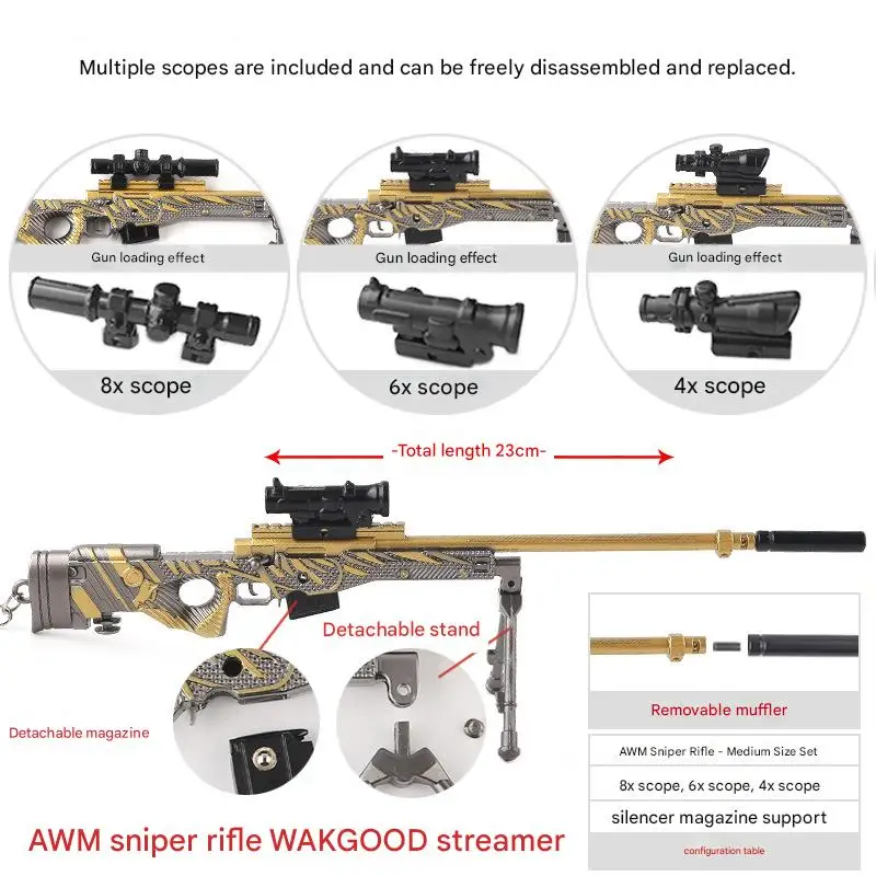 23cm Metal Sniper Style Model Toy Zinc Alloy Non-Firing Collectible with Detachable Scope Magazine Stand Accessories