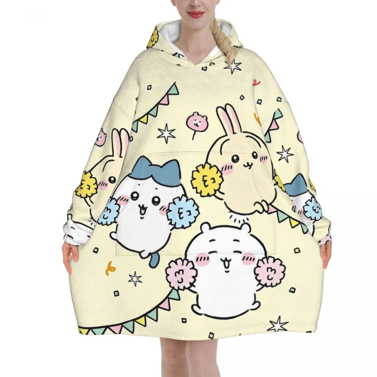 Chiikawa Cartoon Cute Oversized Blanket Hoodie Sweatshirt Long Fleece Hooded Wearable Blanket with Large Pocket for Women Men