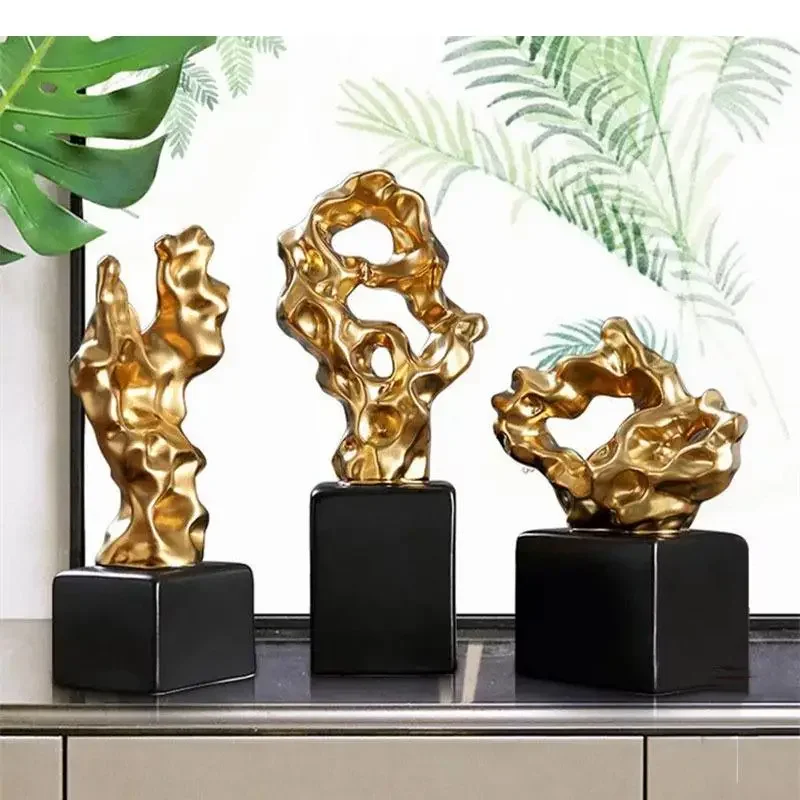 Golden Coral Stone Statue Desk Decoration Sculpture Ceramic Ornaments Crafts Modern Home Decor Furnishings