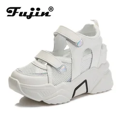 fujin 8cm genuine leather women summer shoes platform sneakers wedge heel hook look air mesh for female white sneaker shoes