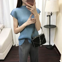 Miyake Pleated Top 2023 Summer New Classic Japanese Bottoming Shirt High Neck Slim Temperament T-shirt  Shirts for Women