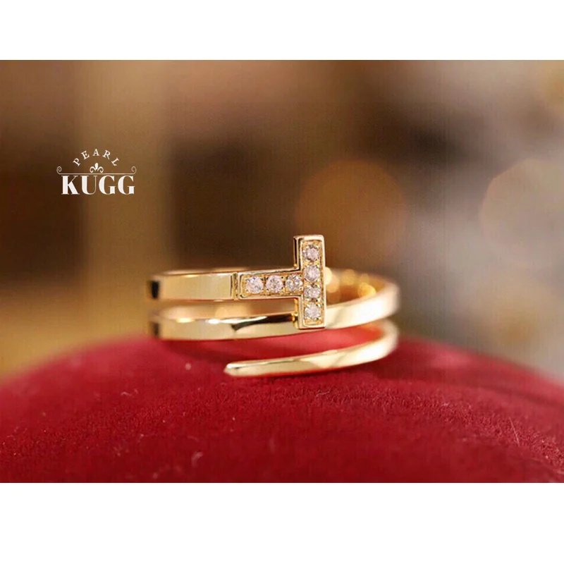 KUGG 100% 18K Yellow Gold Rings Fashion INS Style Nail shape Real Natural Diamond Ring for Women High Party Jewelry