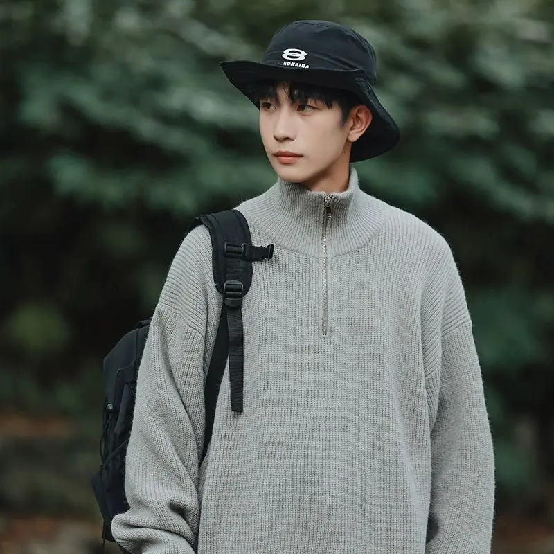 

Casual High Collar Men's Knitted Sweater f Zip Autumn Winter Sle Trendy Brand Base Layer Korean Version Couple's Top Pol...