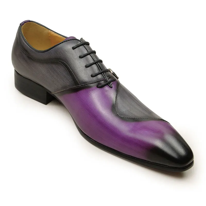 Chaussures en cuir Oxford à lacets sur le côté pour hommes, chaussures formelles de bureau faites à la main, gris et violet, documents assortis,