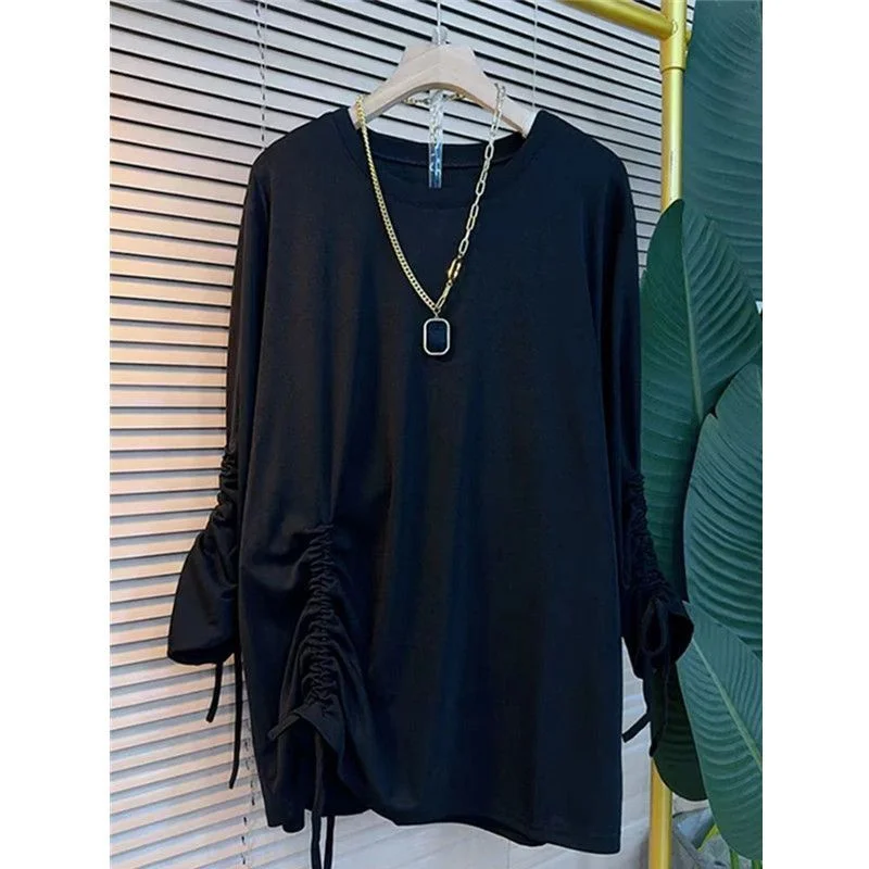 

Женская футболка больших размеров с длинным рукавом, европейский стиль, с боковой завязкой, круглый вырез, модный осенний универсальный свободный крой