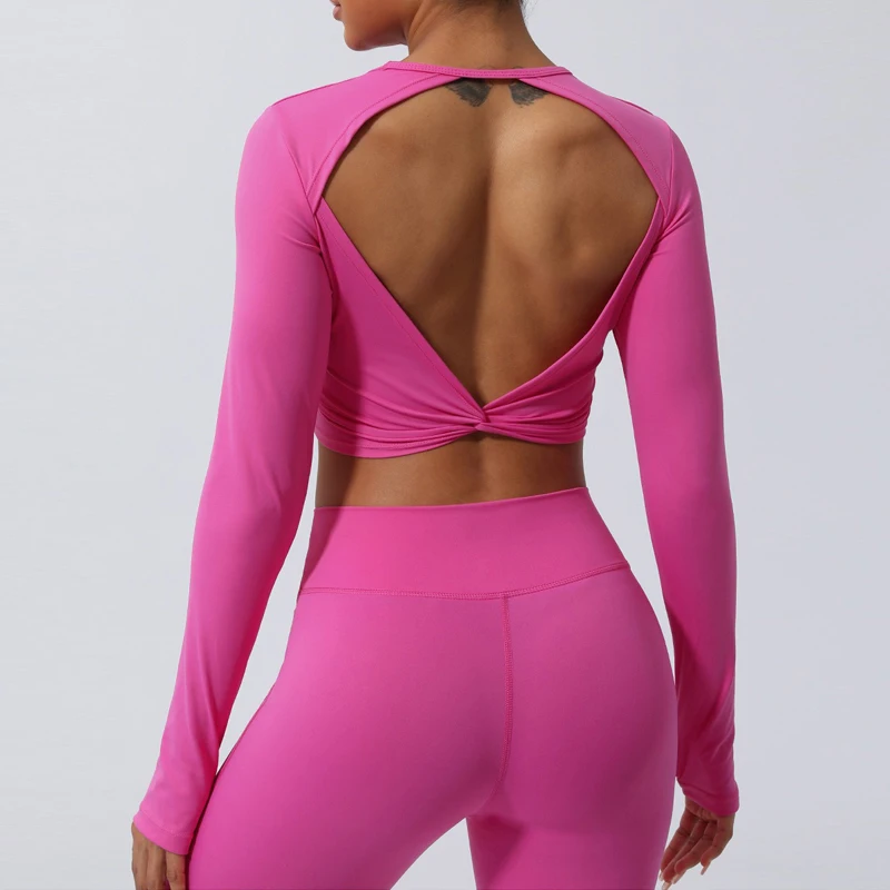 Sexy Backless Long Sleeve Yoga Clothing Stretch Gym Workout  Top Female Running Quick Dry Sportswear Women Back Cross Sports Top