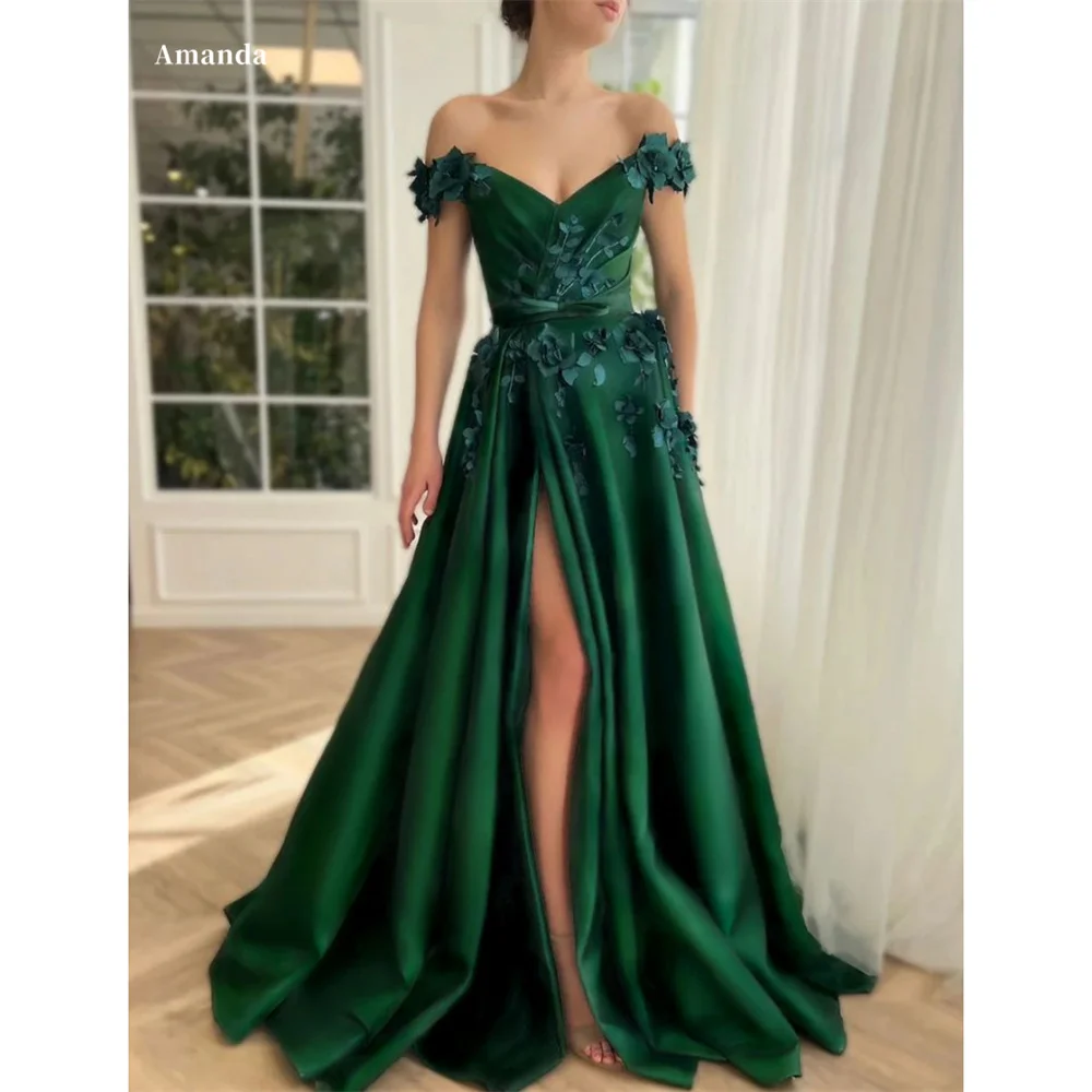 Amanda Green Satin Prom Gown Off the Shoulder A-line Evening Formal Elegant Sleeveless Floor-Length Side Split Party Dresses