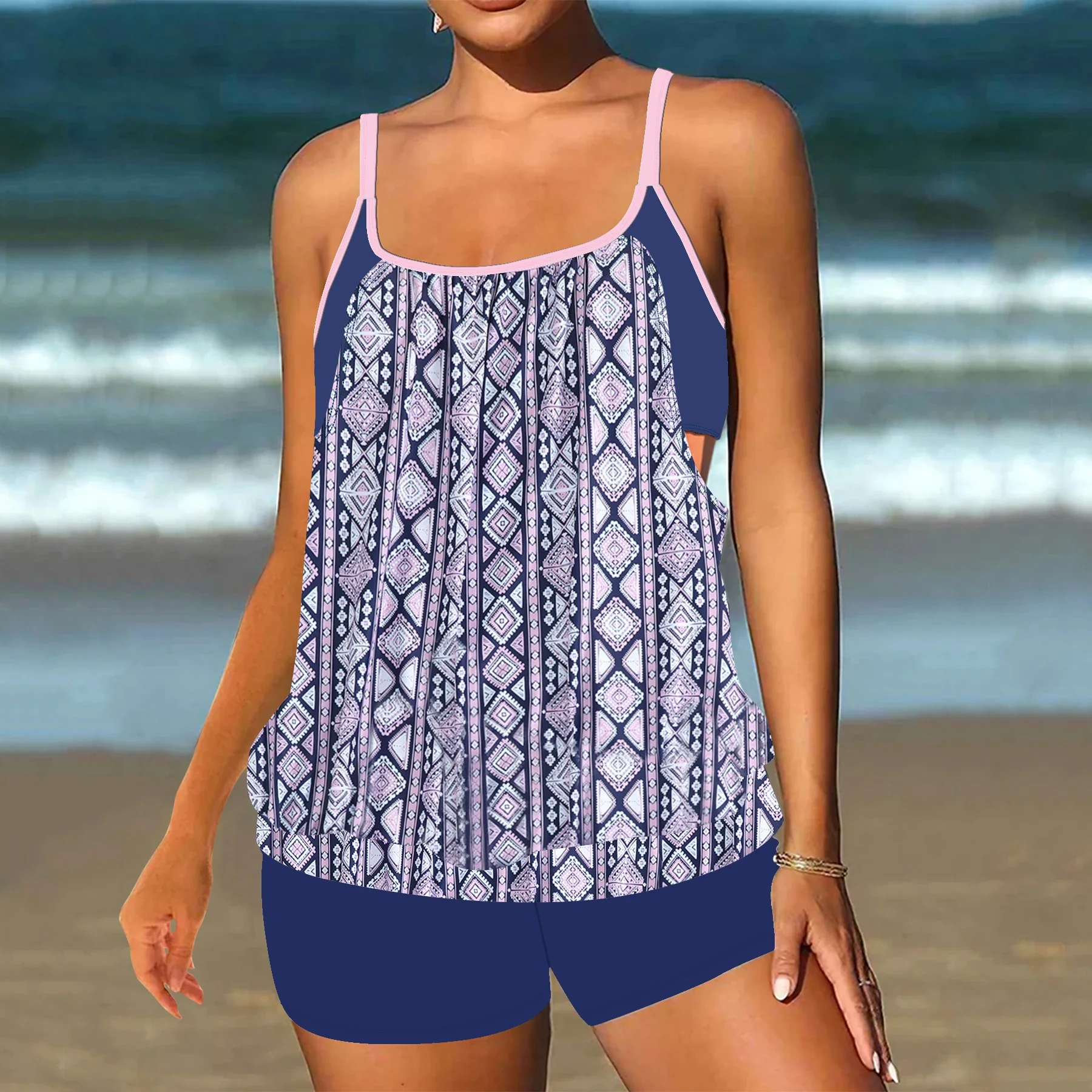 Women's Tankini Swimsuit Set, Floral Print Backless Two-Piece Swimwear, Fashionable Beachwear with Tank Top & Shorts Sexy Bikini