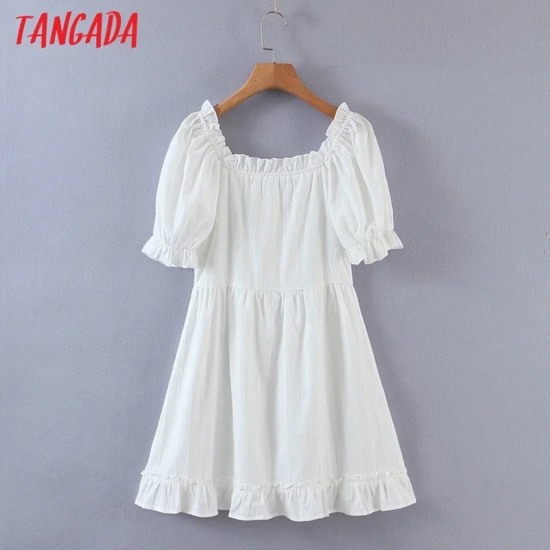 Tangada 2023 Women Vintage White Dress for Summer V Neck Short Sleeve Ladies Vintage Mini Dress Vestidos 8M11