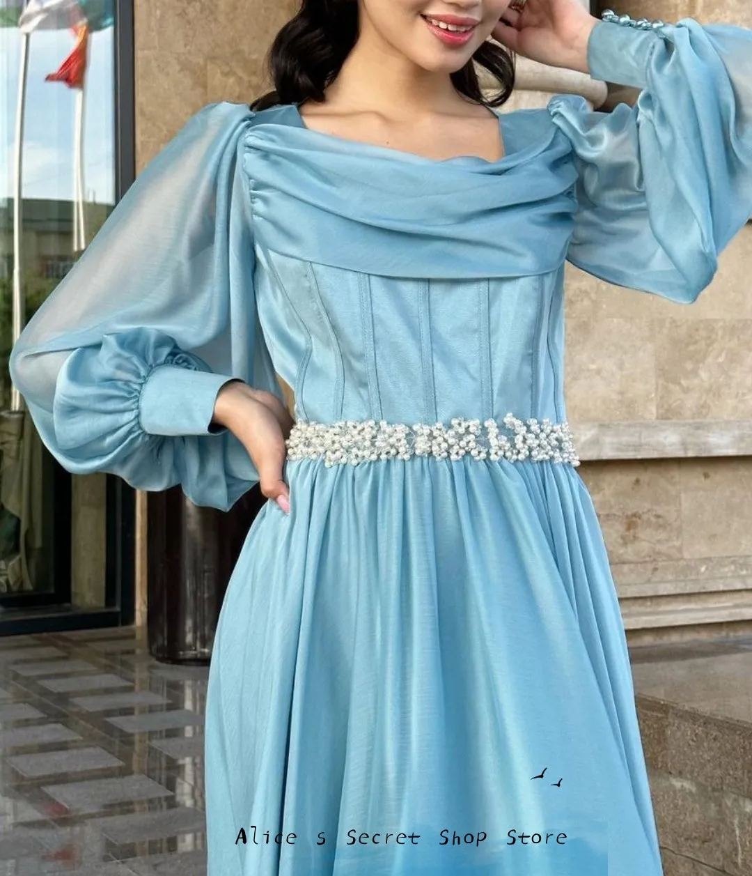 

Elegance A-Line Simple Boat Neck Tulle Puff Sleeve Wedding Guest Dress With Pearls Belt For Women For Formal Party Dress 2023