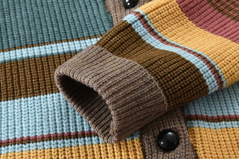 Herren Schalkragen Strickjacke Herbst Winter Farbblock Gestreifter Pullover Vintage Knopfleiste Lässige Lose Oberbekleidung Für M – Detail 23