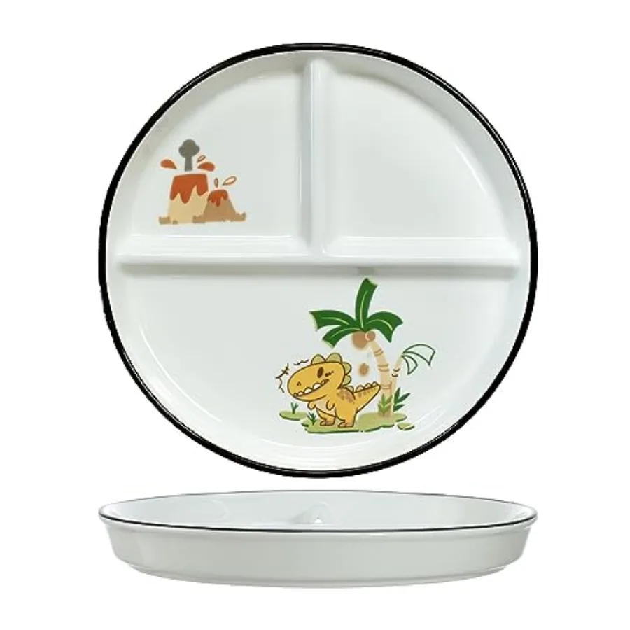 Dinosaur Ceramic Divided Dish, 8 Inch, Yellow