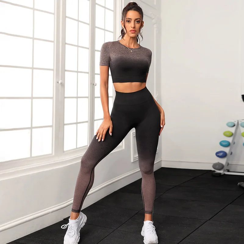 Women Leggings Push Up  Sexy Fitness Full Set Gradient Color Yoga Set High Waist Long Pants Hip Lifting Training Sports Pants