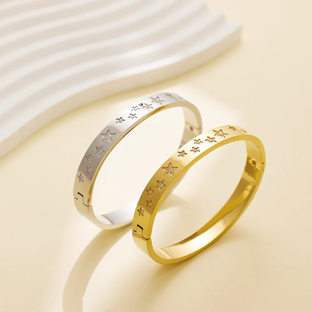 Fashion Carvig Star Waterproof Coin Shape Bangles Stainless Steel Bracelets Jewelry for Women Factory Wholesales image 3