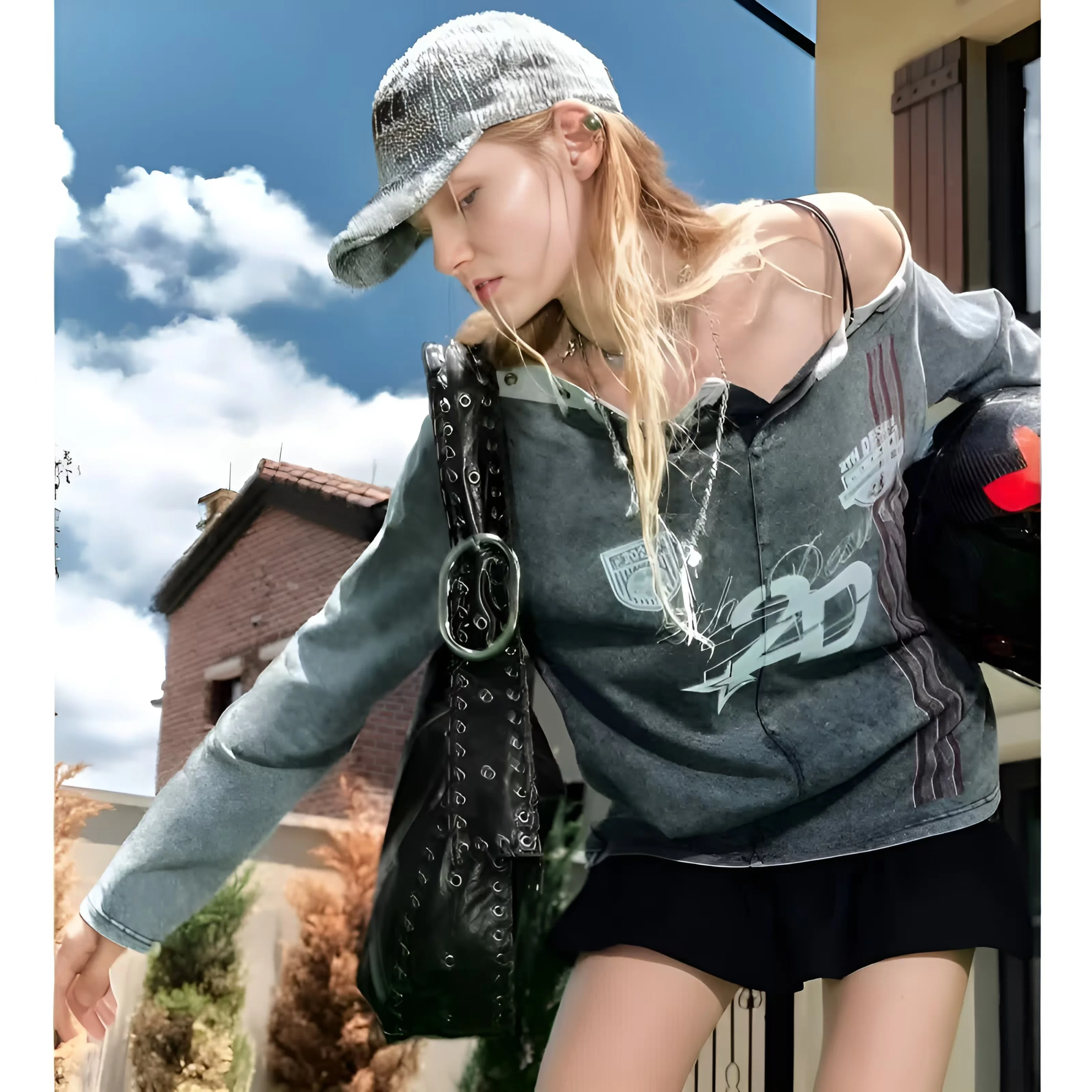 

Heavy Work Patchwork Strapless Sports Top Loose Printed Diagonal Long Sleeve Jersey Sweatshirt Women American Vintage Style 2024