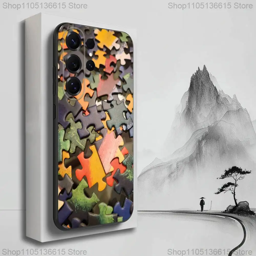 Interesante funda de teléfono con rompecabezas artístico para Samsung S25,S24,S23,S22,S21,S20,S10,Ultra,Plus,Lite,FE, funda negra de silicona suave