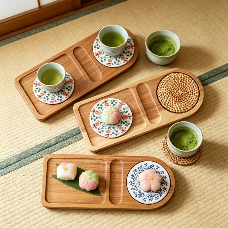 

HeMu Solid Wood Coffee Tray with Coaster, Wooden Tea Cup Saucer Plate, Retro Style Breakfast Snack Serving Tray for Home Office
