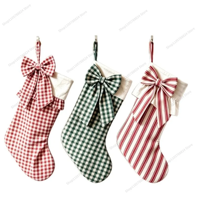 For Vintage Bow Christmas Stockings Three-piece Set, Fabric Plaid Striped Christmas Gift Bag