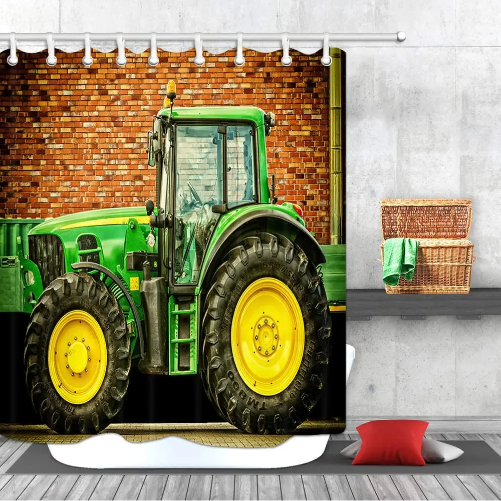 Village Decor Shower Curtain Farm Green Tractor Brick Wall Background Bathroom Polyester Fabric Bath Curtains with Hooks