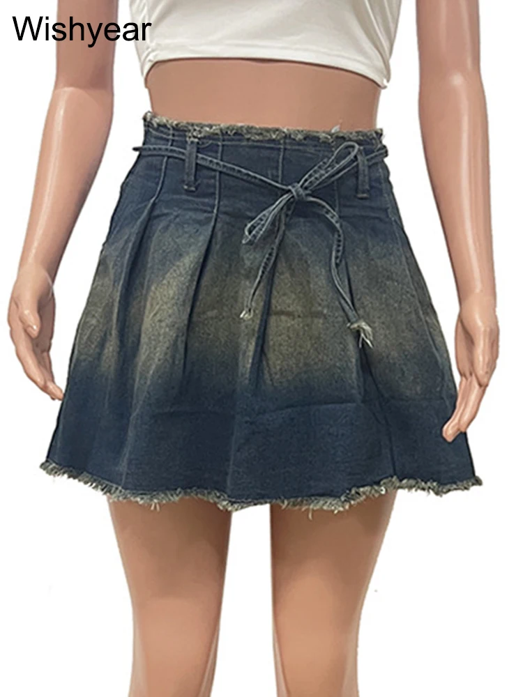 Mini-saia jeans azul plissada feminina, harajuku, elástica, bottoms curto, jogo de tudo, babados jean, vintage, hot clubwear, verão
