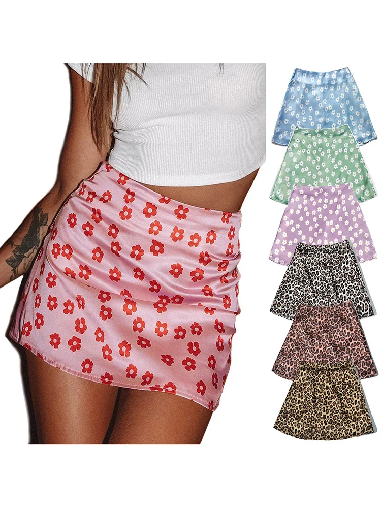 Floral Printed Skirt Satin Mini Summer New Harajuku Women Girls Bodycon Casual Fashion Short High Waist Outfit Streetwear