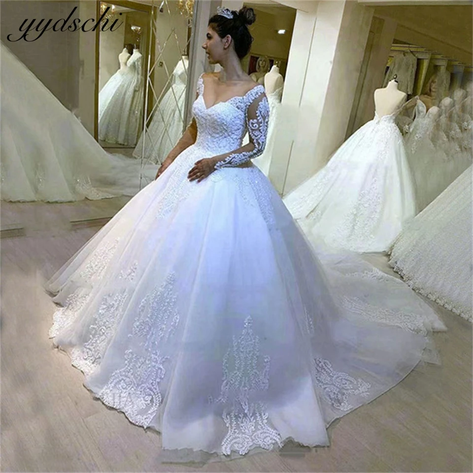 

Customized Sequins Appliques V-neck Lace Ball Gown 2025 Wedding Dresses For Woman Court Train Bridal Gowns Vestidos De Novia