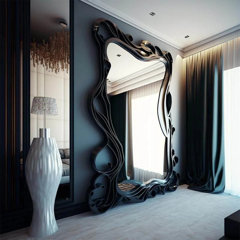Bedroom wall hanging fitting black clothing store full-length mirror advanced feeling wave special-shaped floor mirror