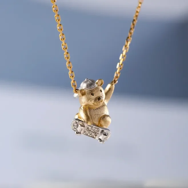 Newly Arrived Jewelry Gold Color Skateboarder Shell Hat Teddy Bear Pendant Necklace UNISEX Universal Design Jewelry Necklace