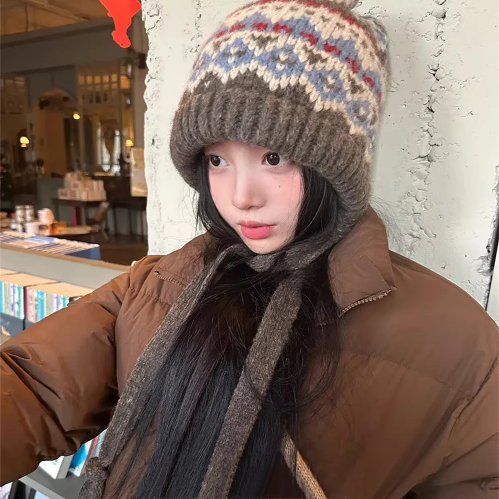 Korean Retro Striped Spliced Pullover Hats Women's Winter Knitted Woolen Hat Thickened Warm Ear Protection Beanies Caps Ethnic