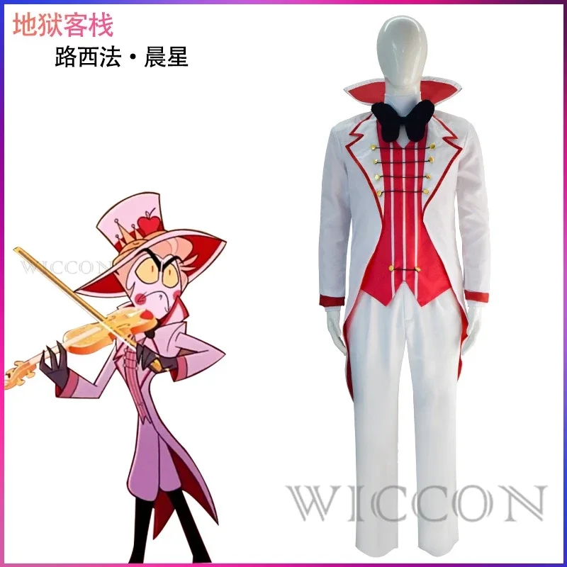 Hazbin Lucifer Cosplay Anime Hotel Morningstar Cosplay Costume Wig Daddy White Suit Devil Hell Halloween Party Adult Men Costume