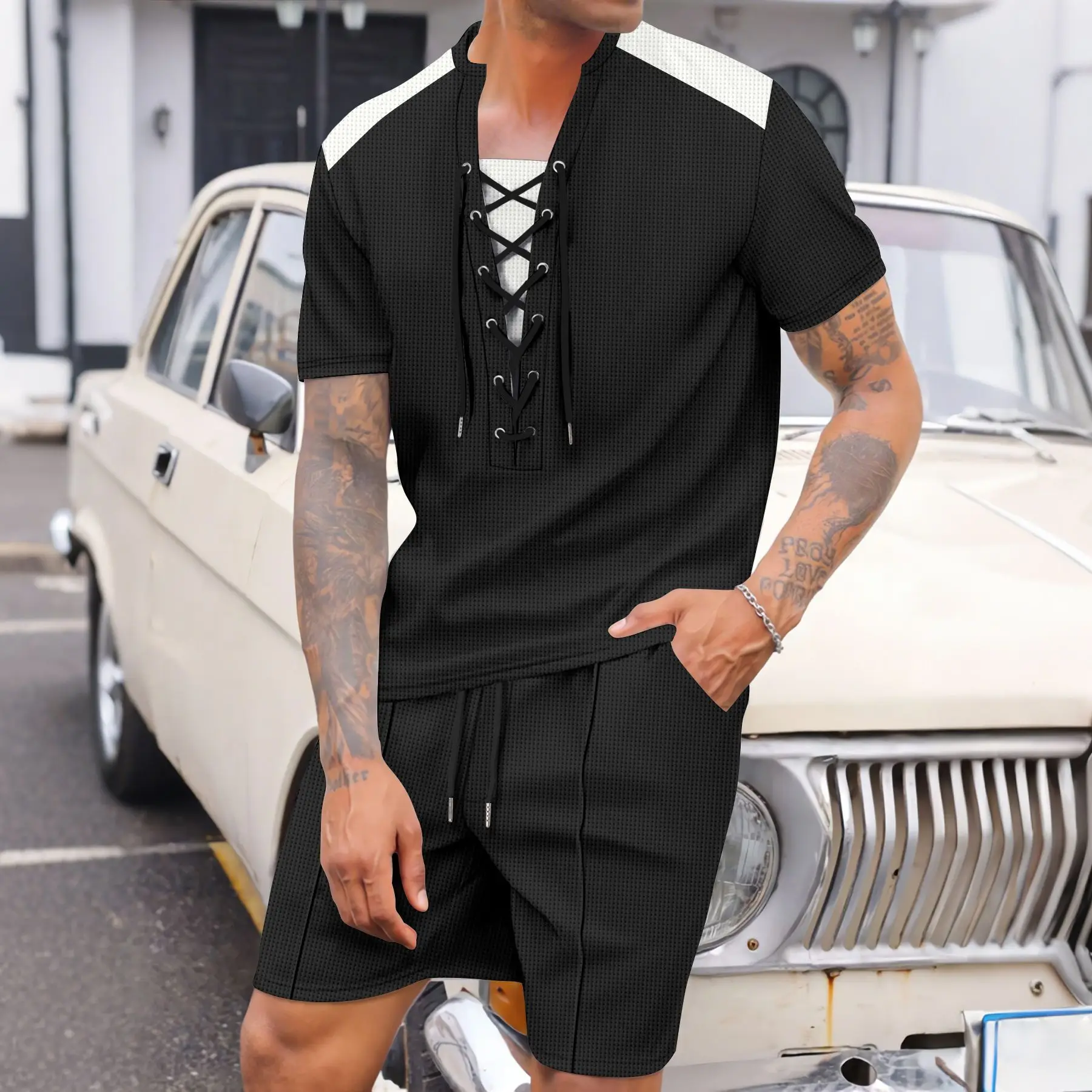 2025 new men's summer trend casual loose comfortable fashion wear rope round neck solid color short-sleeved shorts two-piece set