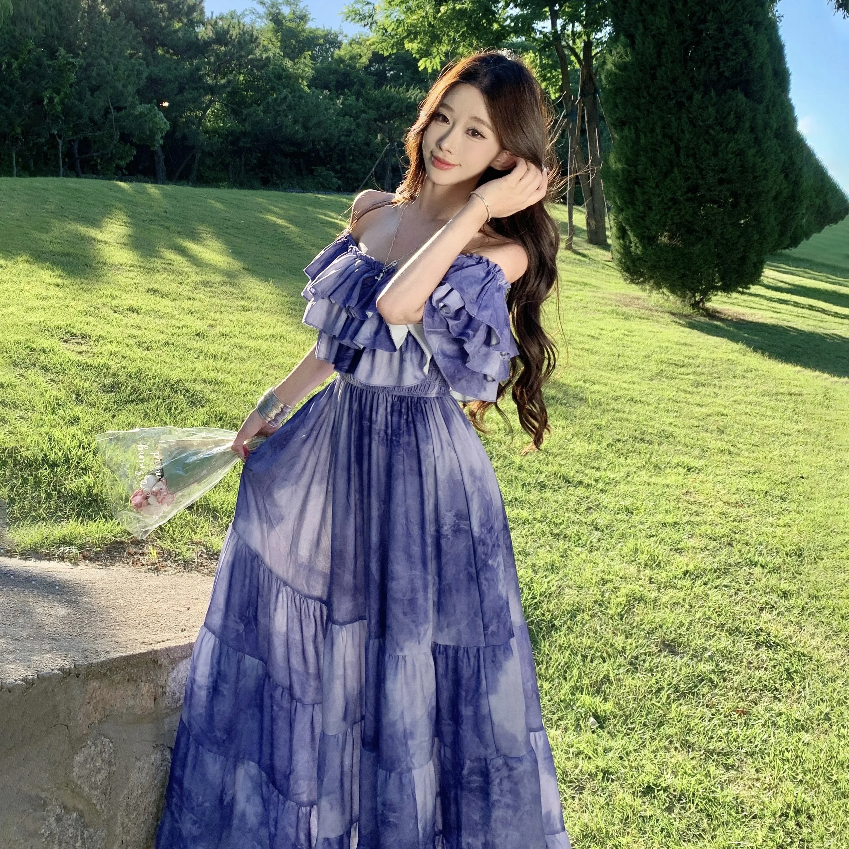 Feminino roxo tie-dye francês em camadas vestido babados reúne elegante robe para eventos slash-neck sem costas chique verão na moda outfit