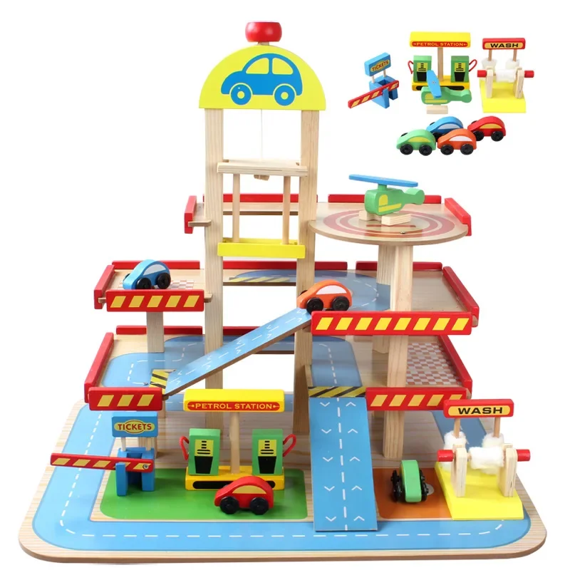 Wooden Multi-story Educational Parking Lot Toy Model Simulation Three-story Large Parking Lots Toys Children's Car Wooden Toys