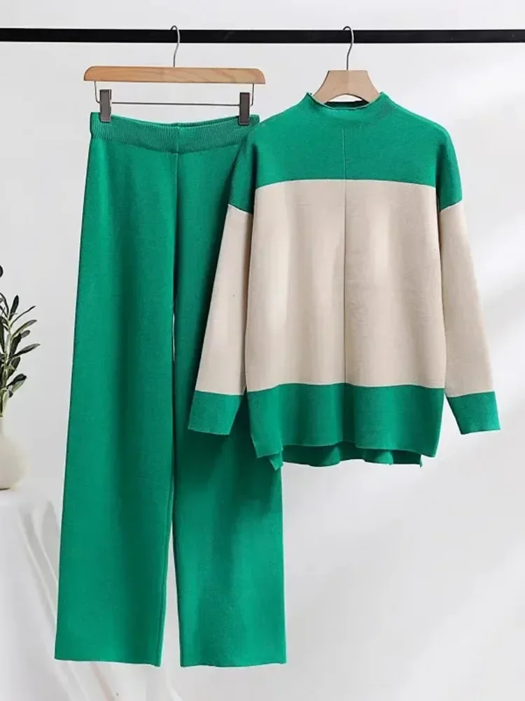 

Spring Knitwears 2 Piece Sets Loose Pullover Sweater Ensemble High Waist Wide Leg Pant Suits Soft Woman Casual Conjuntos LU210