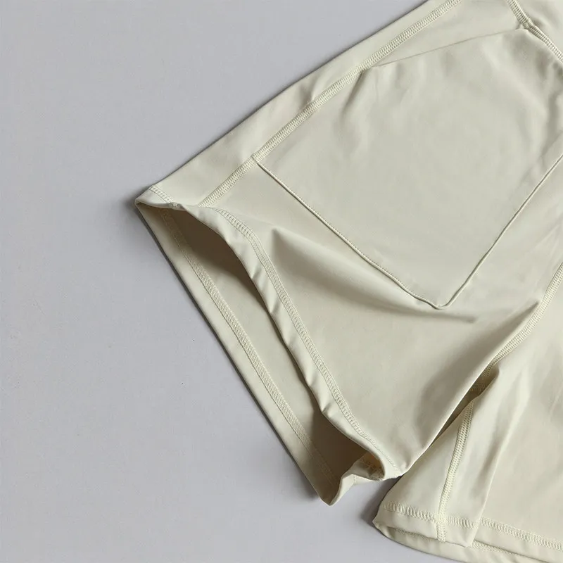 Yoga-Shorts mit hohem Bund und Taschen für Damen, Sommer, Outdoor-Training, Laufen, Pilates, Fitness, schnelltrocknend, atmungsaktiv – Detail 8