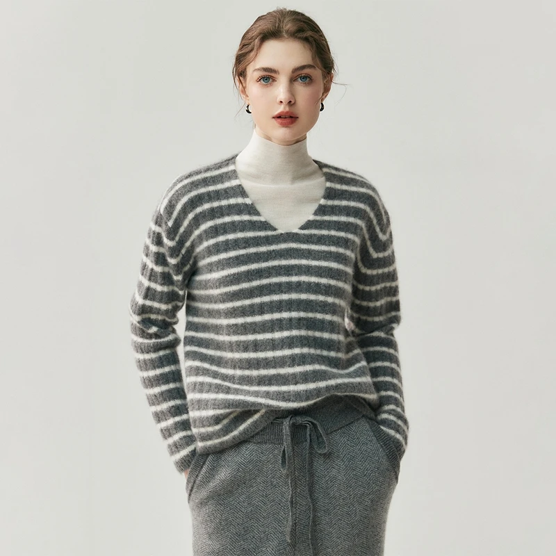 

Women 100% Cashmere Striped Sweater V-neck Loose Pullover Spring Autumn Winter Cashmere Knitted Soft Warm Clothing Luxury Tops