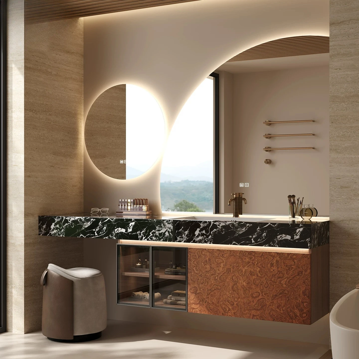 Light Luxury Hotel Style Bathroom Cabinet Combination Rock Slab Seamless Hot Bending Integrated Basin Bathroom Washstand