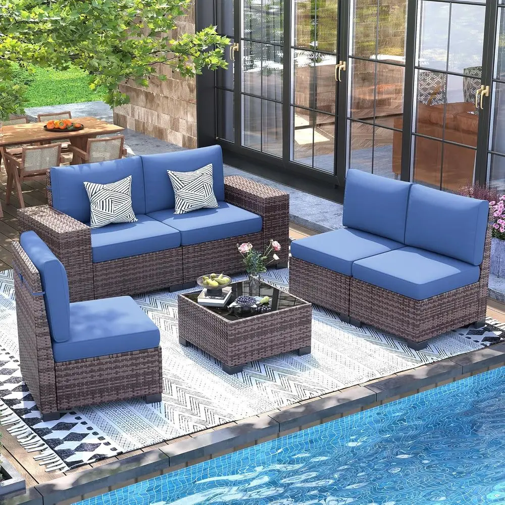 

6-Piece Navy Blue Outdoor Sectional Sofa Set with Wicker Coffee Table for Patio or Garden