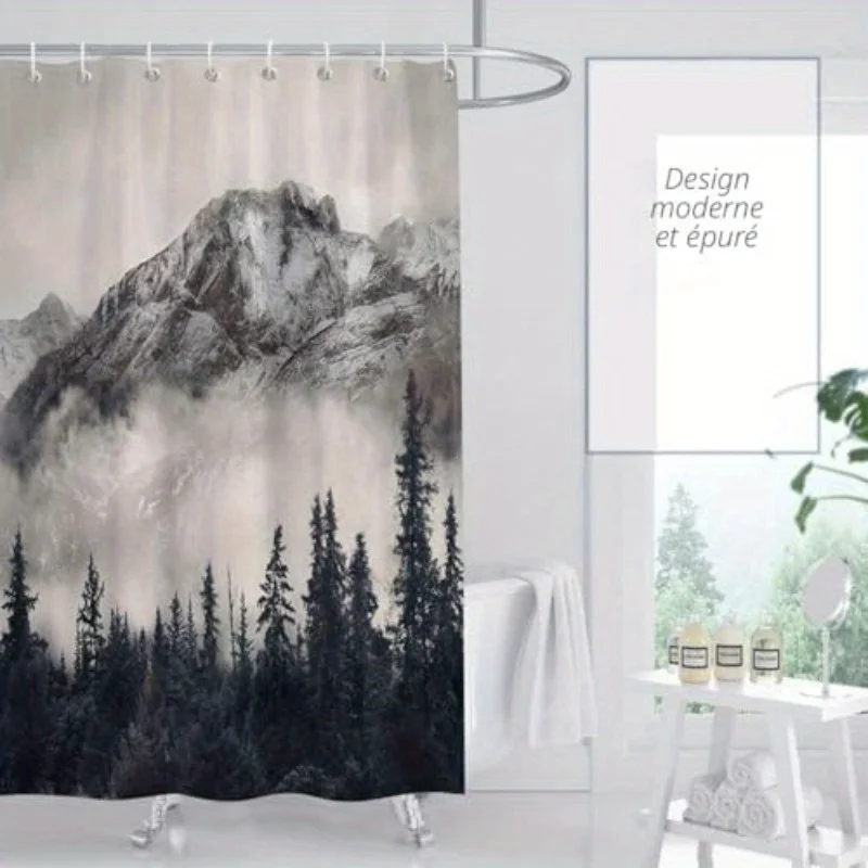 Mantto High Quality Shower Curtain with Hooks - Canadian Rocky Mountain Forest Design, Smoke-Streaked Pine Trees & Misty Peaks,